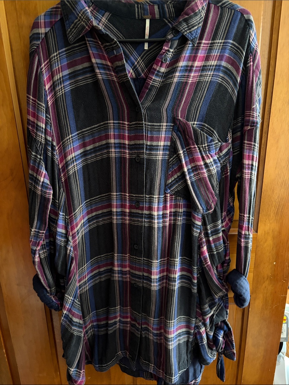 Women’s Plaid Button-Up Shirt - Black with Purple & Blue